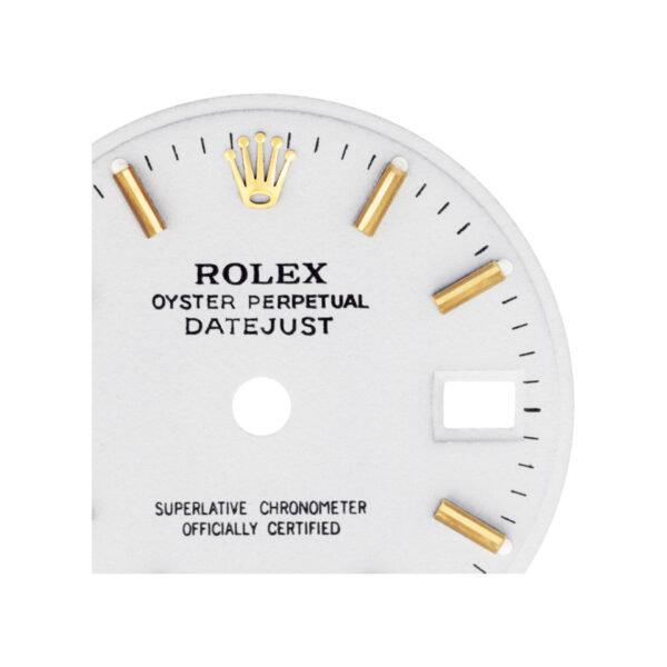 Rolex Datejust (20mm) white dial with golden stick hour markers.