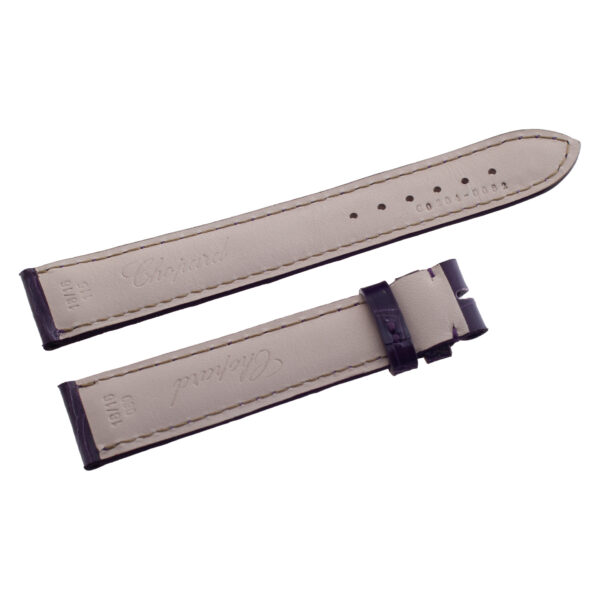 Chopard shiny purple alligator strap (18mm x 16mm) Length is 4.5" (long piece) and 3.0" (short piece). 18mm width at lug end and 16mm width at buckle end