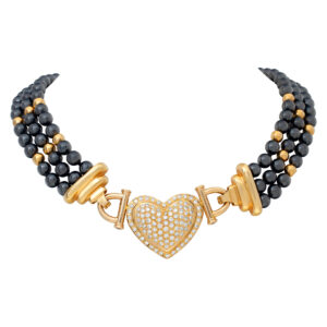 Hematite beads necklace with removable diamond heart center in 14k.