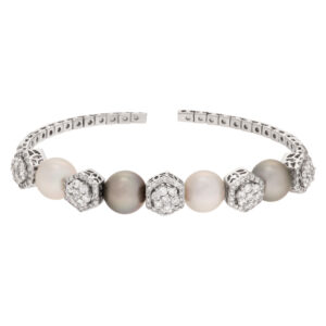 Gray and silver pearl bangle with diamonds in 18k white gold