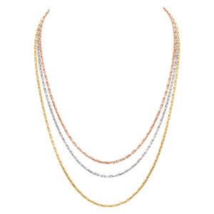 Multi color three row chain necklace in 14k white, yellow and rose gold