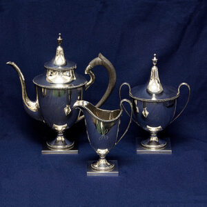 Etruscan 3 piece Sterling Silver Tea Set- Teapot, Creamer & Sugar w/lid. Total weight 53.58 oz troy.