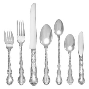 "STRASBOURG" sterling flatware set by Gorham, patented in 1892. 7 Place Setting: for 12 (incomplete) + 14 Serving pieces. Over 3600 grams sterling silver.