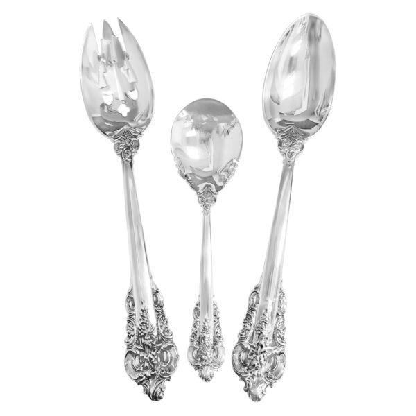 "GRANDE BAROQUE" Sterling Silver Flatware Set. Ptd 1941 by Wallace. 7 place setting for 12 with 8 serving pieces. Over 3500 grams sterling silver.