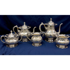 Frank M. Whiting 5 piece hand chased with gold gild sterling silver tea set over 137 oz troy