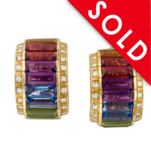 Bright & Bold Baguette Cut Multi Color Semi Precious Huggie Earrings In 18k With Diamond Accents