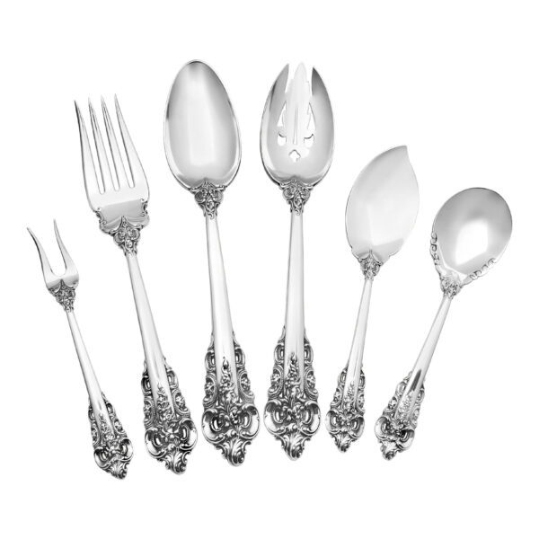 "GRANDE BAROQUE" Sterling Silver Flatware- Patented in 1941 by Wallace. 6 place setting for 10 with 10 serving pieces- Over 3000 grams of sterling silver.