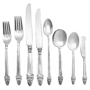 "SOVEREIGN, OLD" Sterling Silver Flatware Set patented in 1941 by Gorham- 9 place setting for 12  (Dinner & Lunch) + 9 serving pieces. Over 5000 grams sterling silver. COMPLETE HEAVY STERLING SET FOR ALL YOUR ENTERTAINING OCCASION.