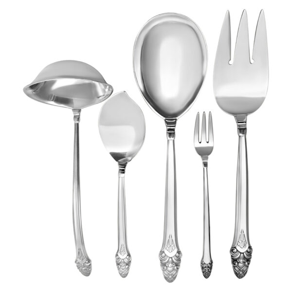 "SOVEREIGN, OLD" Sterling Silver Flatware Set patented in 1941 by Gorham- 9 place setting for 12  (Dinner & Lunch) + 9 serving pieces. Over 5000 grams sterling silver. COMPLETE HEAVY STERLING SET FOR ALL YOUR ENTERTAINING OCCASION.