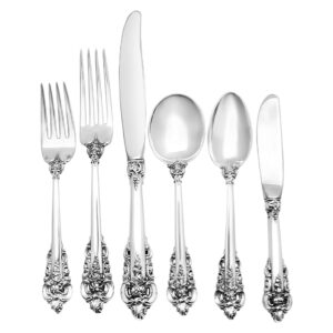 "GRANDE BAROQUE" Sterling Silver Flatware Set patented by Wallace in 1941- 6 place settings for 12 + 12 serving pieces. Over 4200 grams of sterling silver-