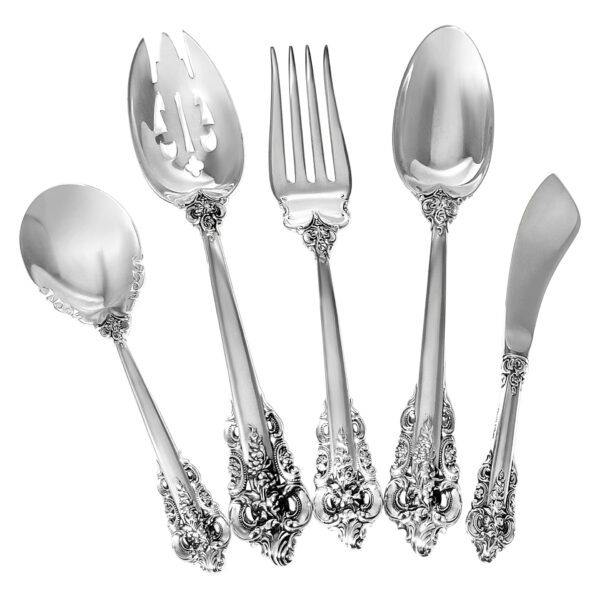 "GRANDE BAROQUE" Sterling Silver Flatware Set, patented by Wallace in 1941- 5 place setting for 24 + 14 serving pieces. Over 7500 grams of sterling silver.