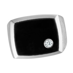 Man'S Black Onyx Signet Ring In 18k White Gold With .10 Ct Diamond Accent