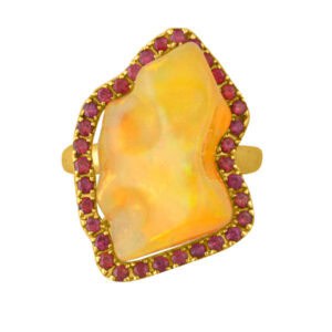 Orange Opal With Green Flashes Of Red And Rubies Accents Ring In 14k Gold