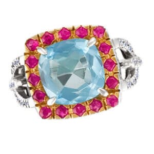 Blue topaz ring with rubies and diamonds accents in 14k white gold