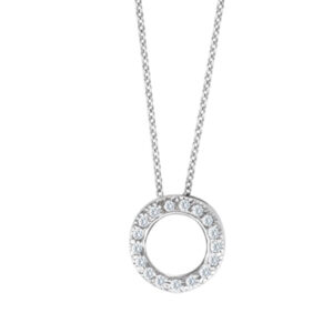 Round diamond pendant in 14k white gold on a 17" long chain with over 0.30 cts in diamonds