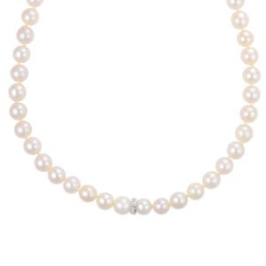 Opera length pearl necklace with 2 pave diamond stations