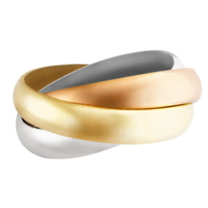 Tri-color rolling ring in 18k yellow, rose & white gold. Size 5