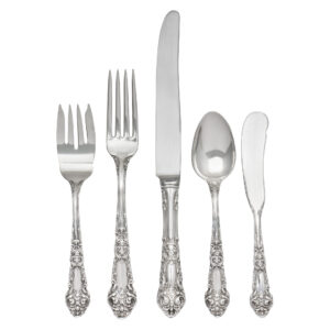 "FRENCH RENAISSANCE" sterling silver flatware set patented in 1941 by Reed & Barton- 5  place setting for 12 + 8 serving pieces- Over  76  Oz troy sterling silver.