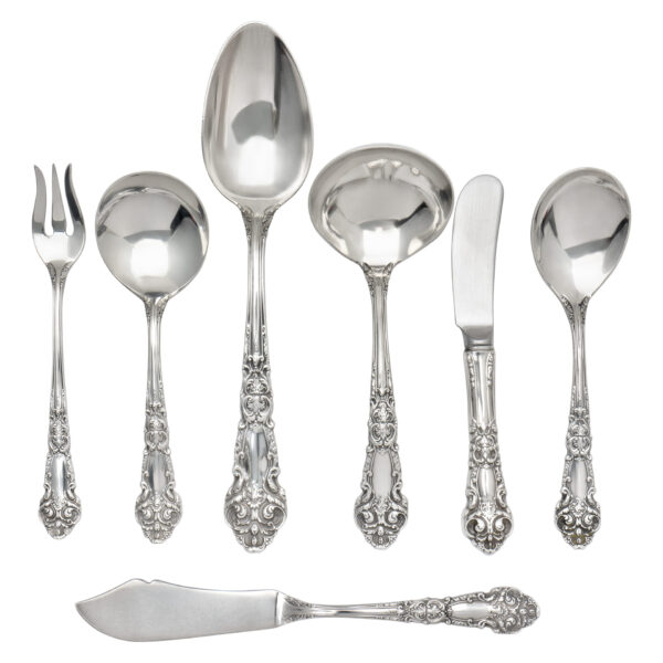 "FRENCH RENAISSANCE" sterling silver flatware set patented in 1941 by Reed & Barton- 5  place setting for 12 + 8 serving pieces- Over  76  Oz troy sterling silver.