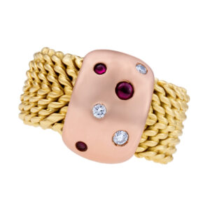 Ruby & Diamond  Mesh Ring In 18k yellow and rose gold. Size 7