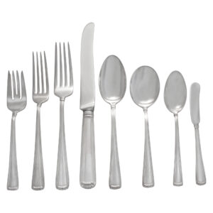 "EMBASSY SCROLL" Sterling Silver Flatware set by Cartier. 8 place setting for 8 + 2 Place Fish set for 8  + 5 serving pieces- Beautiful Art Deco style set. Over 3200 grams sterling silver.