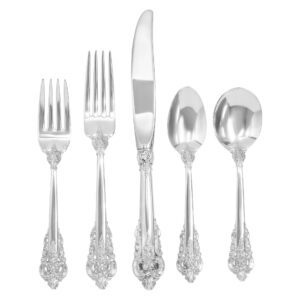 "GRANDE BAROQUE" Sterling Silver Flatware Set by Wallace, patented in 1941. 5 place settings for 18 (incomplete). Over 3800 grams of Steling Silver