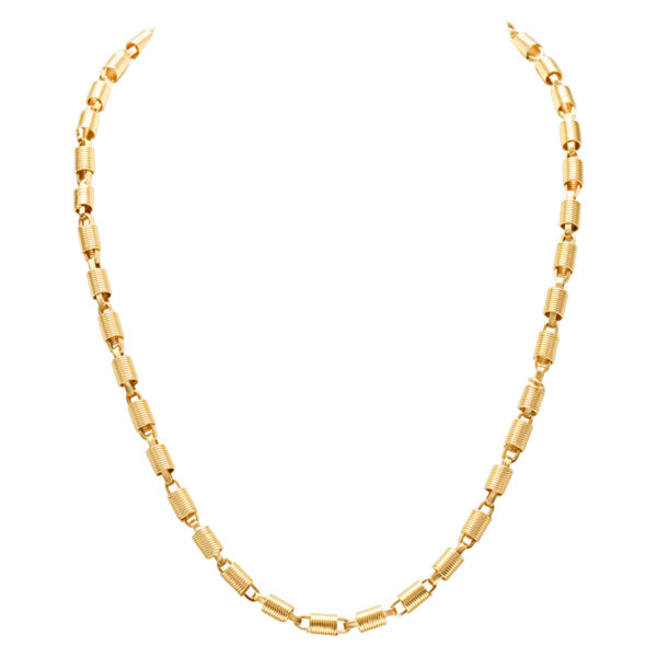 Unique Barrel coil necklace in 14k yellow gold. Length 18"