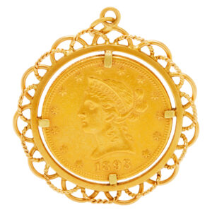 United States $10 Liberty gold coin pendant in 18k Yg. Circa 1893