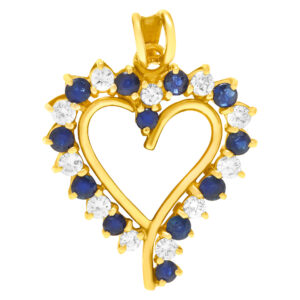 Sapphire and Diamond heart pendant in 14k yellow gold.