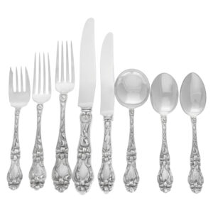 "LILY" Sterling flatware set ptd in 1910 by Frank M Whiting.  Almost complete 8 Place setting for 12 (Dinner & Lunch) + 5 Serving Pieces -  Over 4200 grams of Sterling Silver