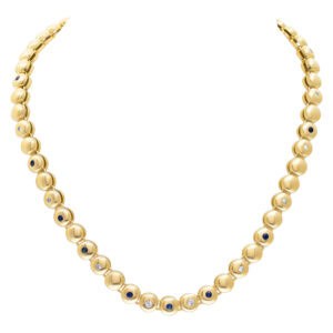 Circle link necklace in 18k with diamond and sapphire accents