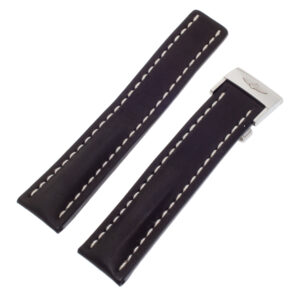 Breitling black calfskin strap with white stitching and stainless steel deployant buckle (22-20)