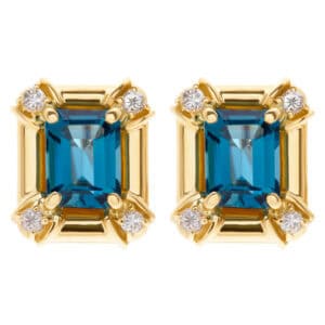 Beautiful 14k gold square earring set with blue topaz and diamond accents