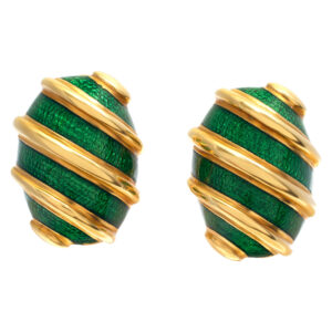 Classic post/clip on earrings with green enamel and 18k yellow gold