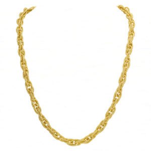 Intricate twisted rope link chain in 18k yellow gold.