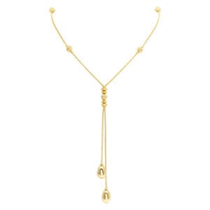 Unique larriat style necklace in 18k yellow gold with diamond cut bead stations