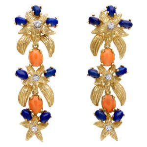 Vintage flower drop earrings in 18k gold, with cabochon coral & lapis with diamond accents. .