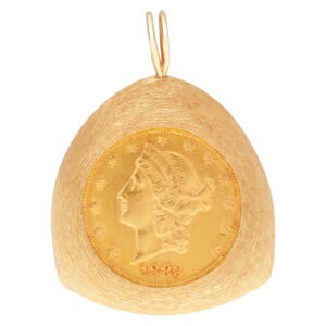 1883 Twenty dollar US coin pendant in 14k yellow gold.