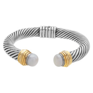 Designer signed  "H &  R" sterling Silver & 14K gold accent bangle with man made pearls, David Yurman style.