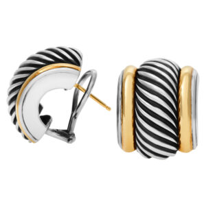 David Yurman Sterling Silver & 14K yellow gold "Cigar Cable" design half hoop earrings.