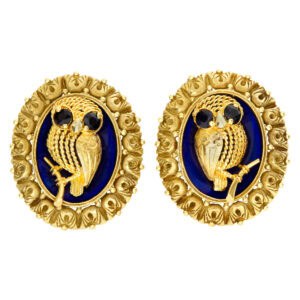 Owl cufflinks in 14k gold with blue sapphire eyes