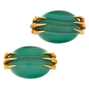 Custom design oval Malachite cufflinks set in 18K yelllow gold with 3 eagle claws on each side.