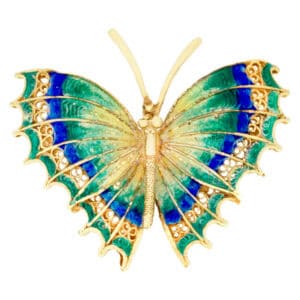 Vibrant & magical Morpho green, blue & yellow enamel butterfly pin/broach in 14k