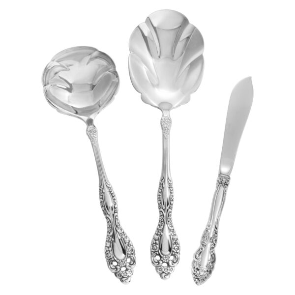 CHARMAINE sterling silver flatware set ptd 1979 by International. 6 Place Set for 11 + 5 silver plated serving pcs- Over 2600 grams of sterling silver .