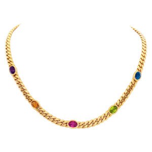 Italian made 18k yellow solid gold chain necklace with 5 oval cut semi precious stones: Amethyst ,Citrine, Pink Tourmaline, Peridot, Blue Sapphire