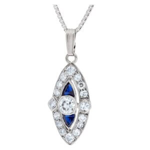 Art Deco diamond and sapphire pendant on 14k white gold chain