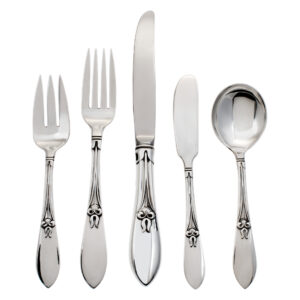 TULIPAN sterling silver flatware patented 1933 by Frank Smith. 6 Places set for 13 + 9 Serving pieces.