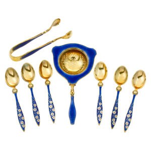 Sterling Silver and Enamel set with 6 spoons, 1 tong and 1 strainer