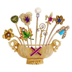 Antique hat pins collection made this beautiful basket of flower brooch/pendant. Diamonds, Seed Pearls, Turquoise, Amethyst, Peridot, Sapphire, Ruby, all set in in 14k