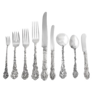 VERSAILLES sterling silver flatware set patented in 1888 by Gorham. 7 place set  for 11 with 3 serving pieces.Over 4000 grams sterling silver.